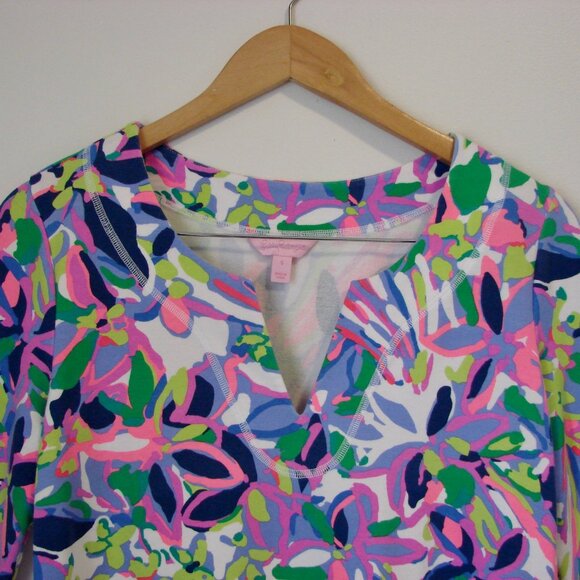 Lilly Pulitzer Floral Tunic Top V-neck Stretchy Purple Pink Green Blue Small - Picture 2 of 12
